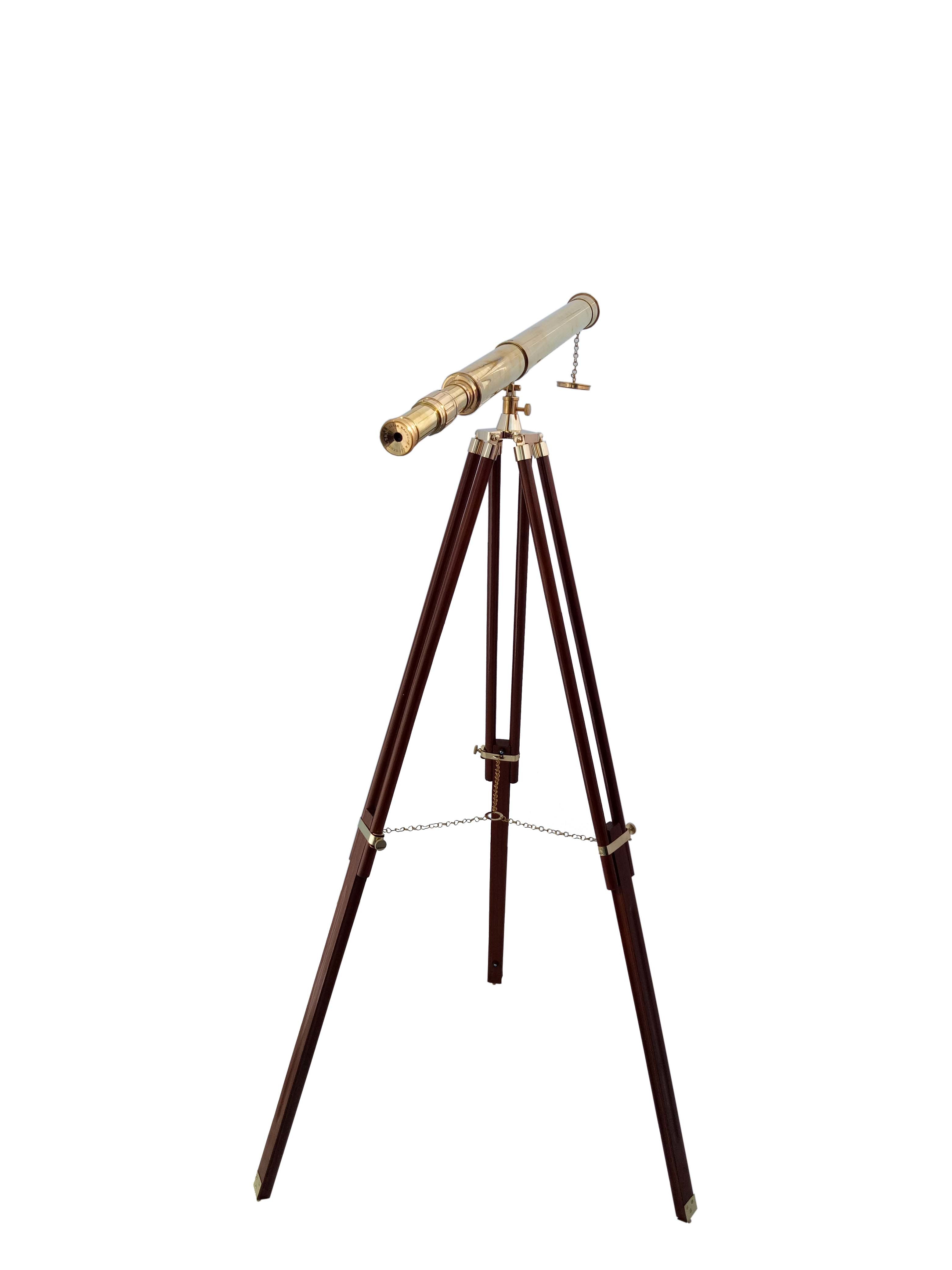 Floor Standing Single Barrel Brass Telescope With Wooden Stand Magnification: 42 X