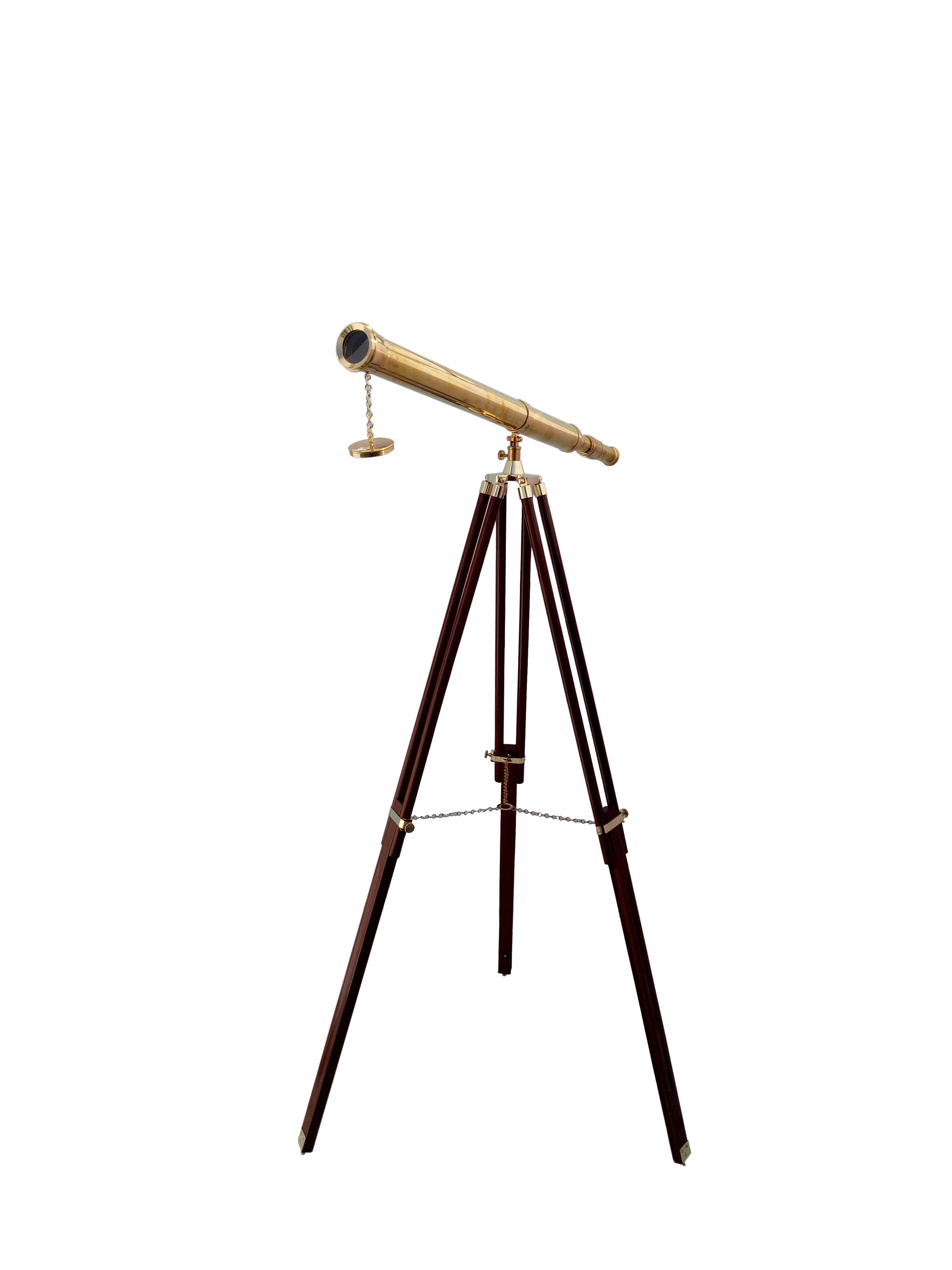 Floor Standing Single Barrel Brass Telescope With Wooden Stand Magnification: 42 X