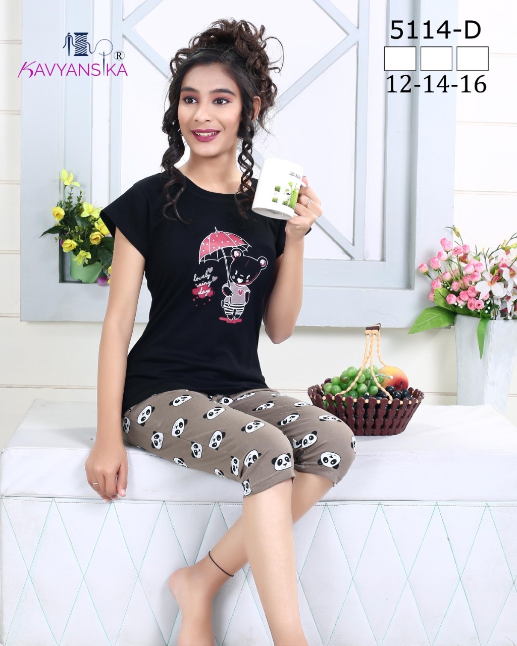 Designer Kids Capri Night Suit Vol 5114 - Premium Hosiery Fabric, Sizes 12-14-16 Combo, 6 Colors Available | Printed Pattern, Short Sleeve, Quick Dry, Washable