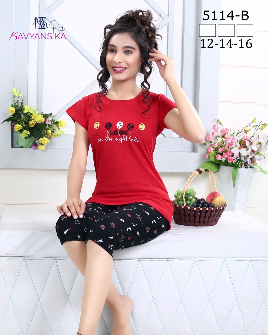 Designer Kids Capri Night Suit Vol 5114 - Premium Hosiery Fabric, Sizes 12-14-16 Combo, 6 Colors Available | Printed Pattern, Short Sleeve, Quick Dry, Washable