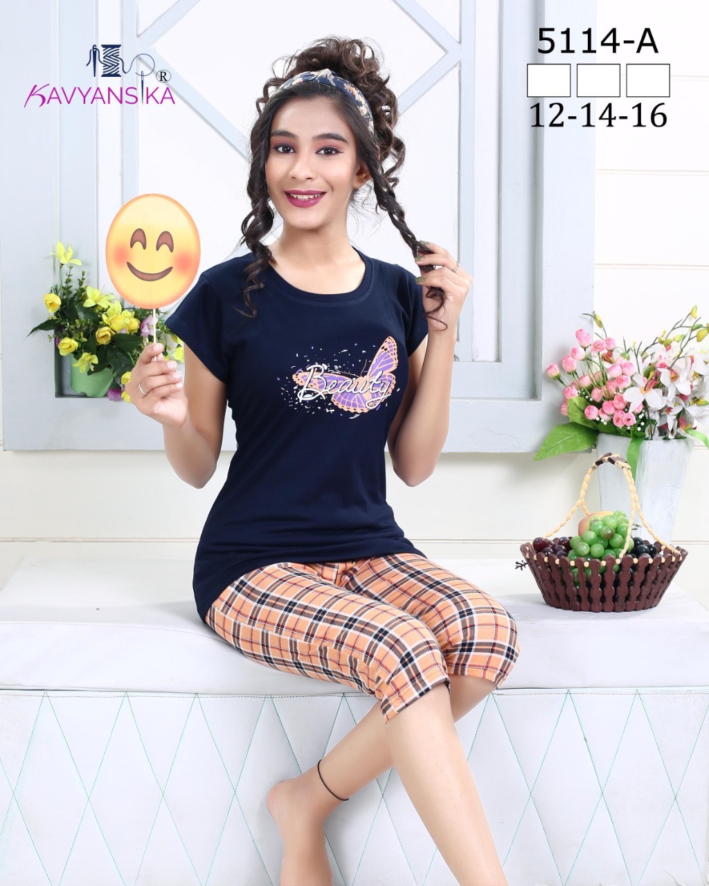 Designer Kids Capri Night Suit Vol 5114 - Premium Hosiery Fabric, Sizes 12-14-16 Combo, 6 Colors Available | Printed Pattern, Short Sleeve, Quick Dry, Washable