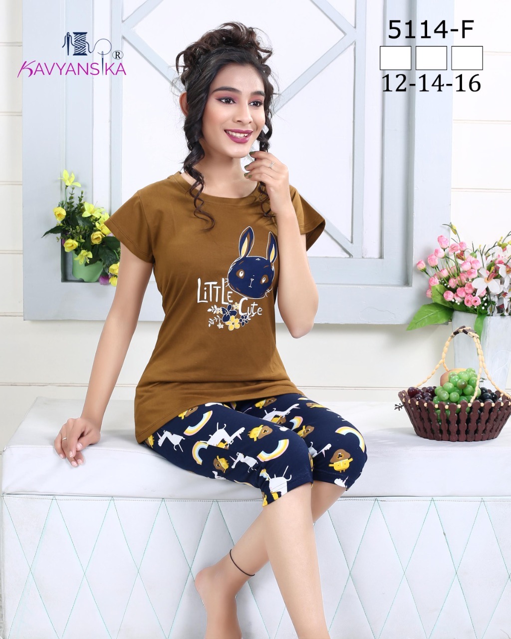 Designer Kids Capri Night Suit Vol 5114 - Premium Hosiery Fabric, Sizes 12-14-16 Combo, 6 Colors Available | Printed Pattern, Short Sleeve, Quick Dry, Washable