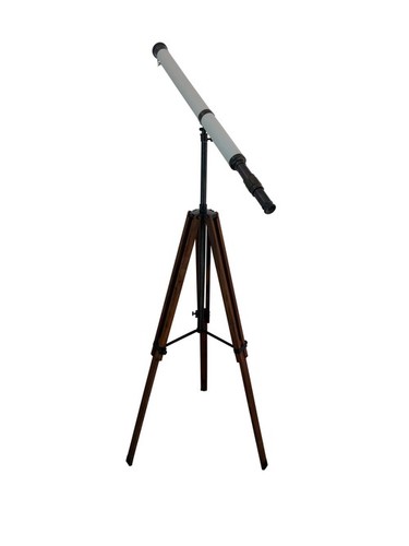 सफेद चमड़े और लकड़ी के स्टैंड के साथ प्राचीन पीतल का टेलीस्कोप आवर्धन: 42 X