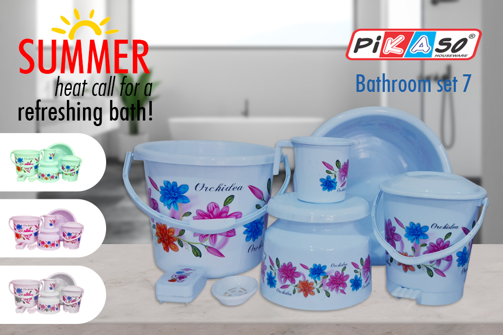 Bathroom Plastic Bucket Set 9 - Color: White