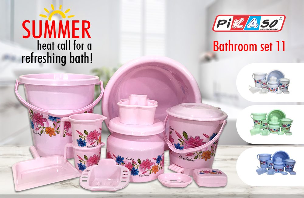 Bathroom Plastic Bucket Set 9 - Color: White