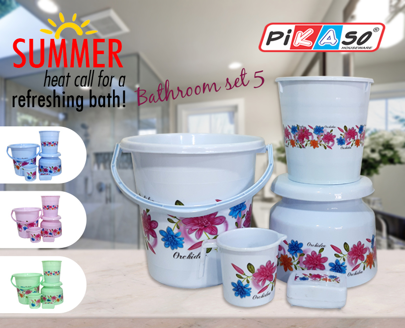 Bathroom Plastic Bucket Set 9 - Color: White