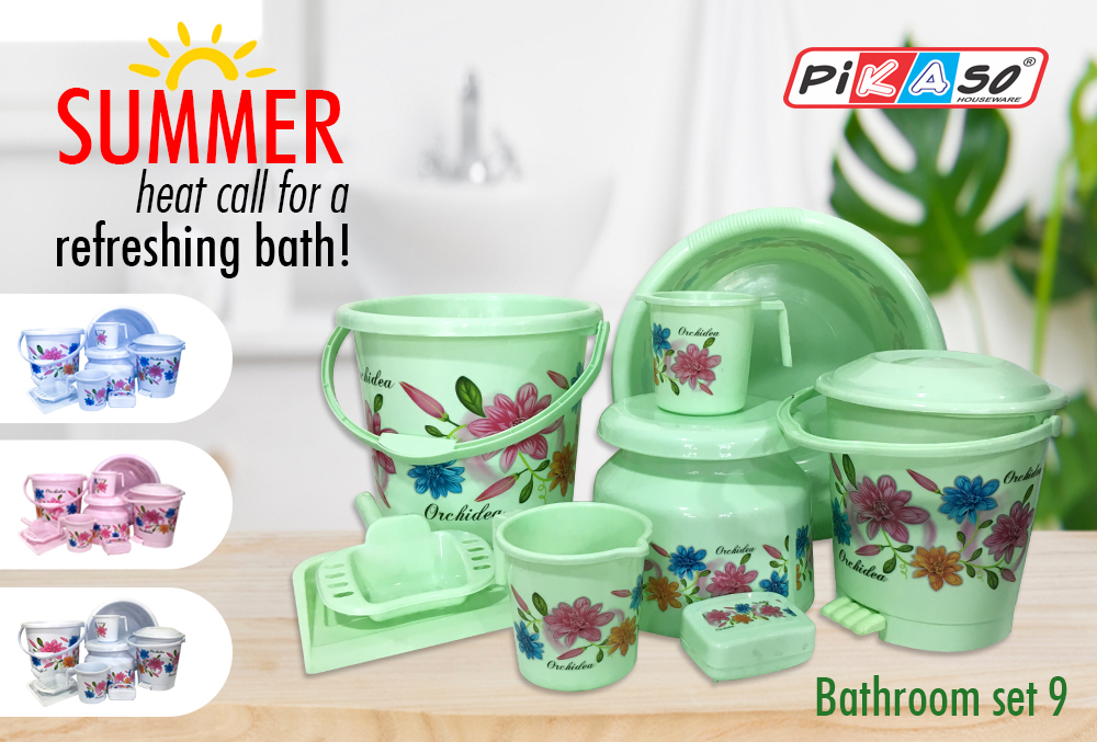 Bathroom Plastic Bucket Set 9 - Color: White