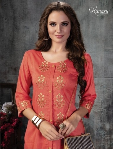 Kanasu Ruhani Rayon Straight With Work Designer Kurti Catalog - Rayon Lining, Size L | XL | XXL, Multi Color, Modern Style, Embroidered Pattern, Washable, Dry Cleanable