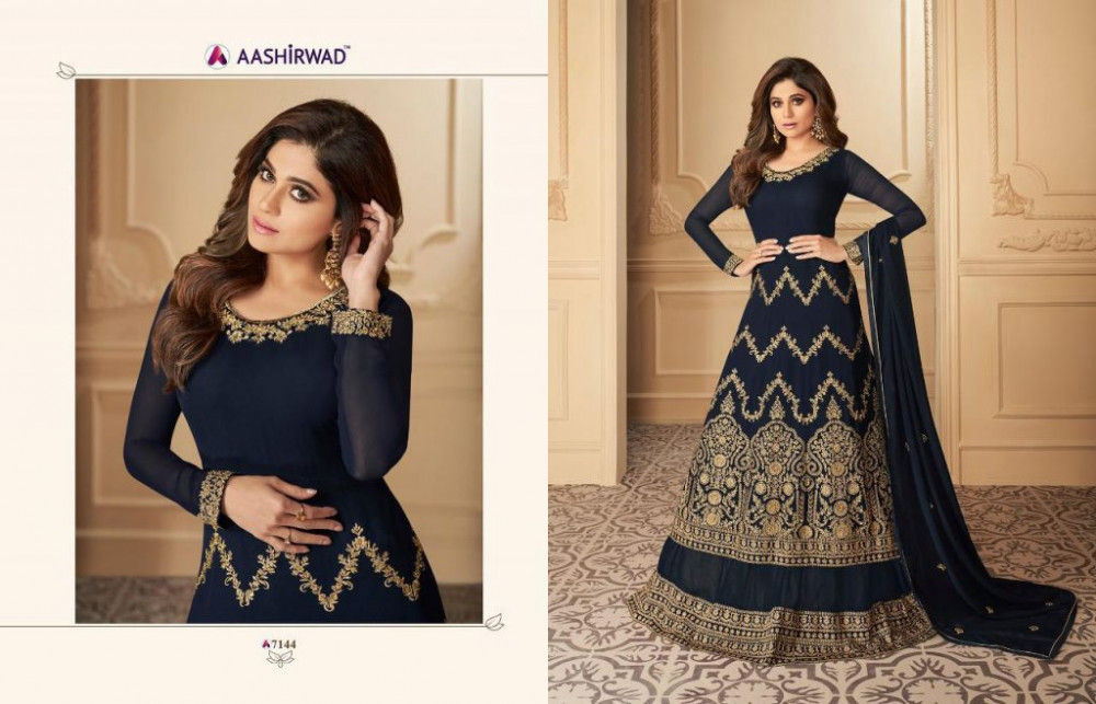 Multi Color Aashirwad Gulkand Tahira Party Wear Georgette Net Gowns Catalog