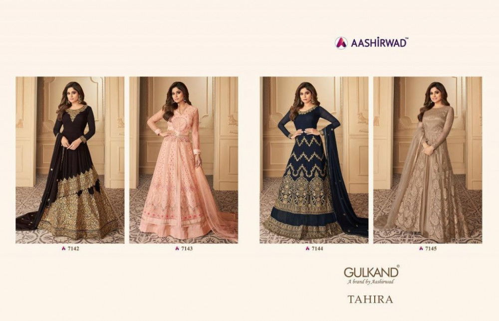 Multi Color Aashirwad Gulkand Tahira Party Wear Georgette Net Gowns Catalog