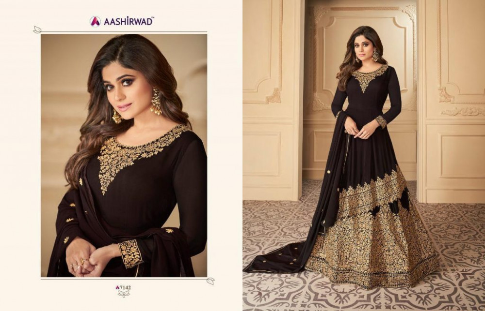 Multi Color Aashirwad Gulkand Tahira Party Wear Georgette Net Gowns Catalog