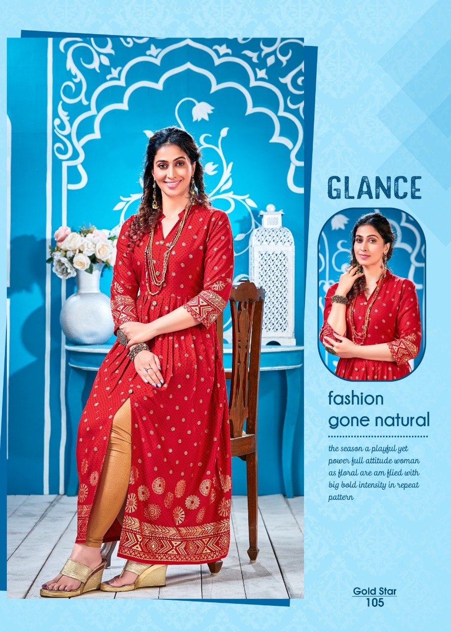 Gold Star Rayon 14 Kg Long Gown Type Kurtis - Rayon Material, Sizes M To 3xl, Printed Design, 3/4th Sleeves, Quick Dry & Washable, Party Wear