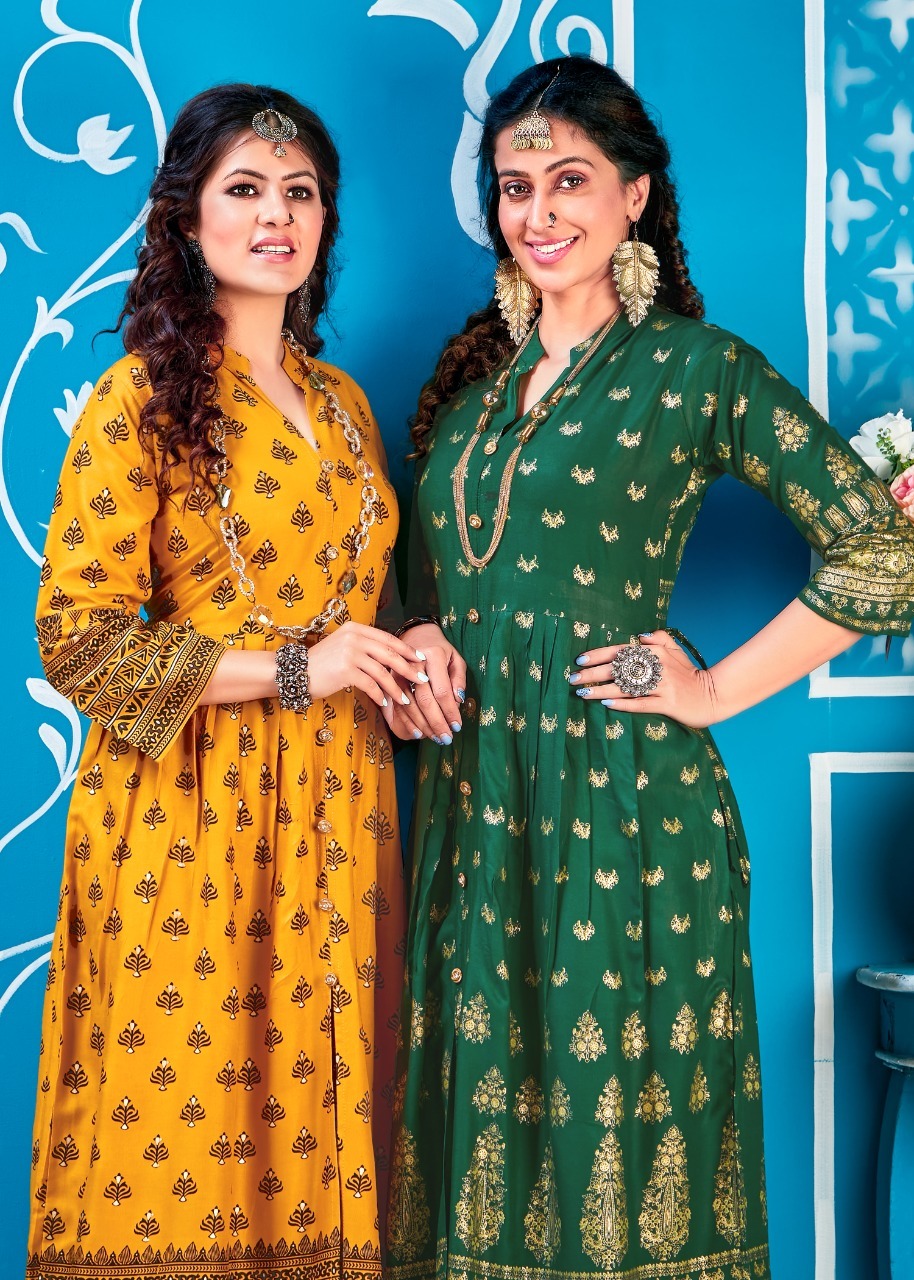 Gold Star Rayon 14 Kg Long Gown Type Kurtis - Rayon Material, Sizes M To 3xl, Printed Design, 3/4th Sleeves, Quick Dry & Washable, Party Wear