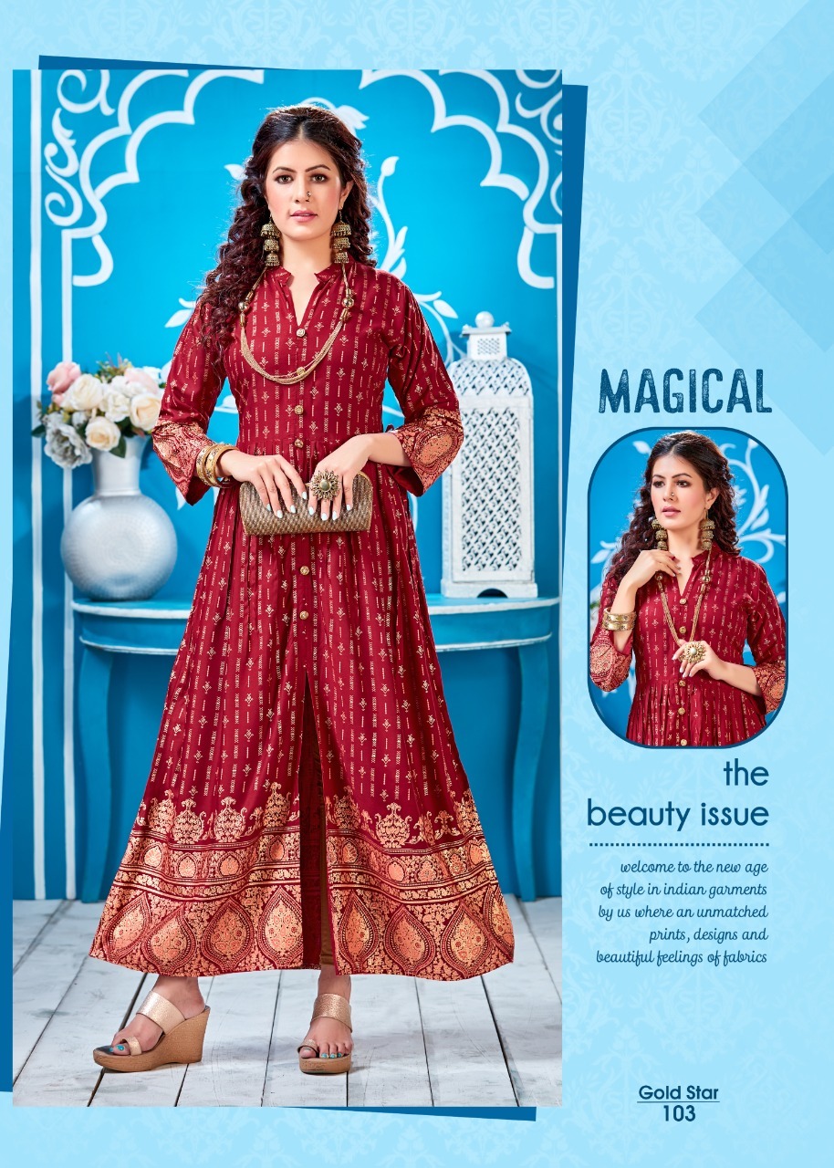 Gold Star Rayon 14 Kg Long Gown Type Kurtis - Rayon Material, Sizes M To 3xl, Printed Design, 3/4th Sleeves, Quick Dry & Washable, Party Wear