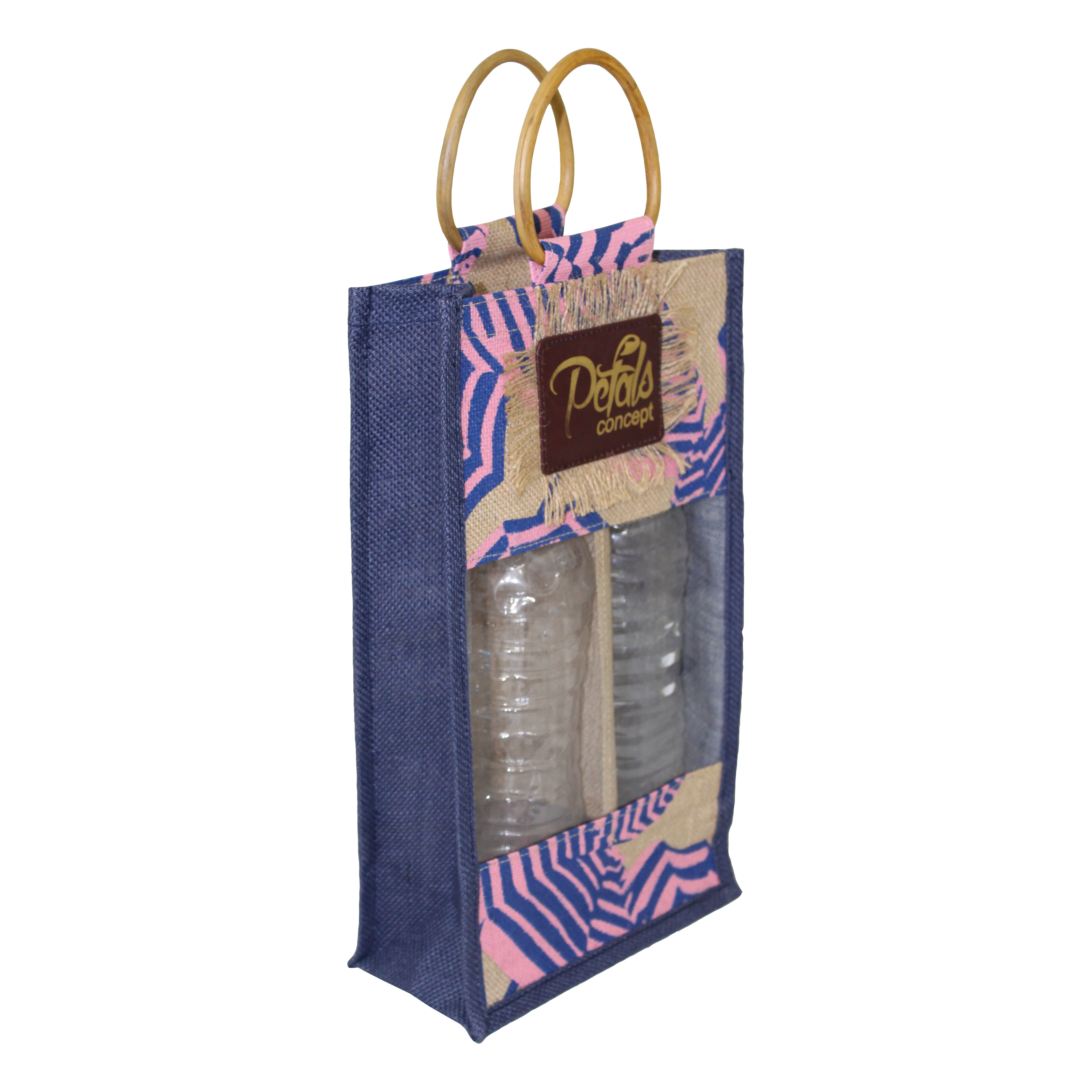 Re-useable Pp Laminated Jute Two Bottle Bag With Window