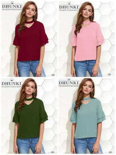 Dhunki Designer Trendy Tops - Heavy Georgette, Full Stitched | Sizes M(38) & XL(42), Length 25-26 Inch, 4 Designer Colors, Half Sleeves