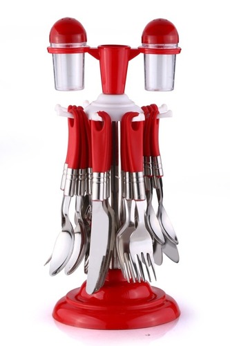 Cutlery Set (Regular) - Stainless Steel, 6-Piece Dessert Spoon, Fork, Teaspoon, Butter Knives, Multi Color, Ergonomic Grip with Revolving Stand