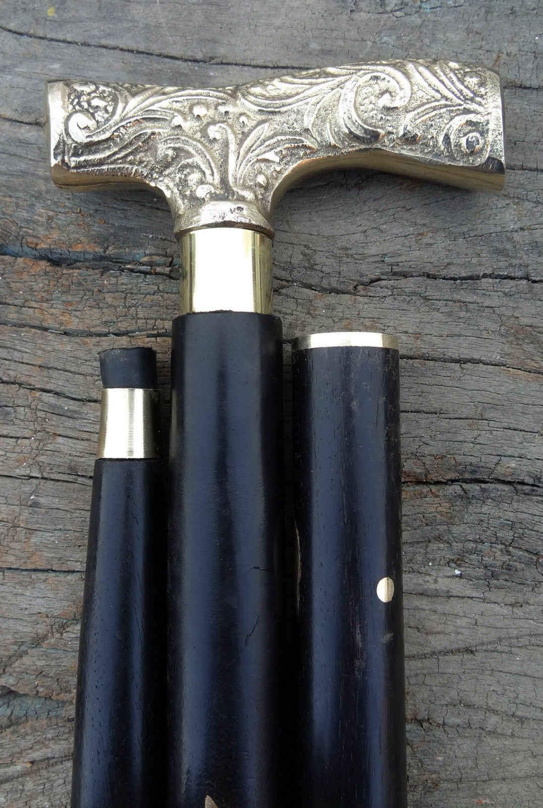 Designer Brass Handle Wooden Walking Stick Three Fold Brass Design Wooden Stick
