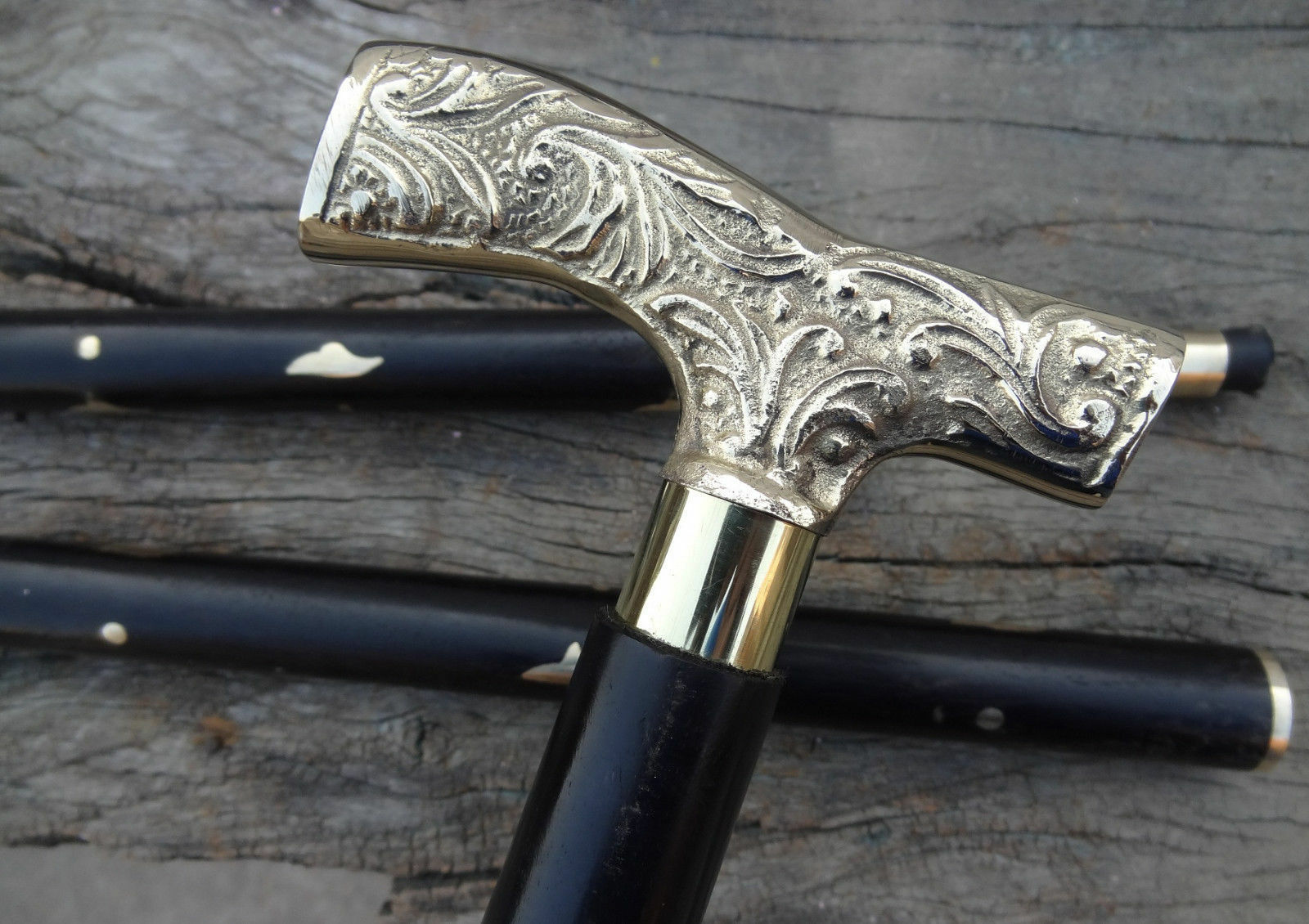 Designer Brass Handle Wooden Walking Stick Three Fold Brass Design Wooden Stick