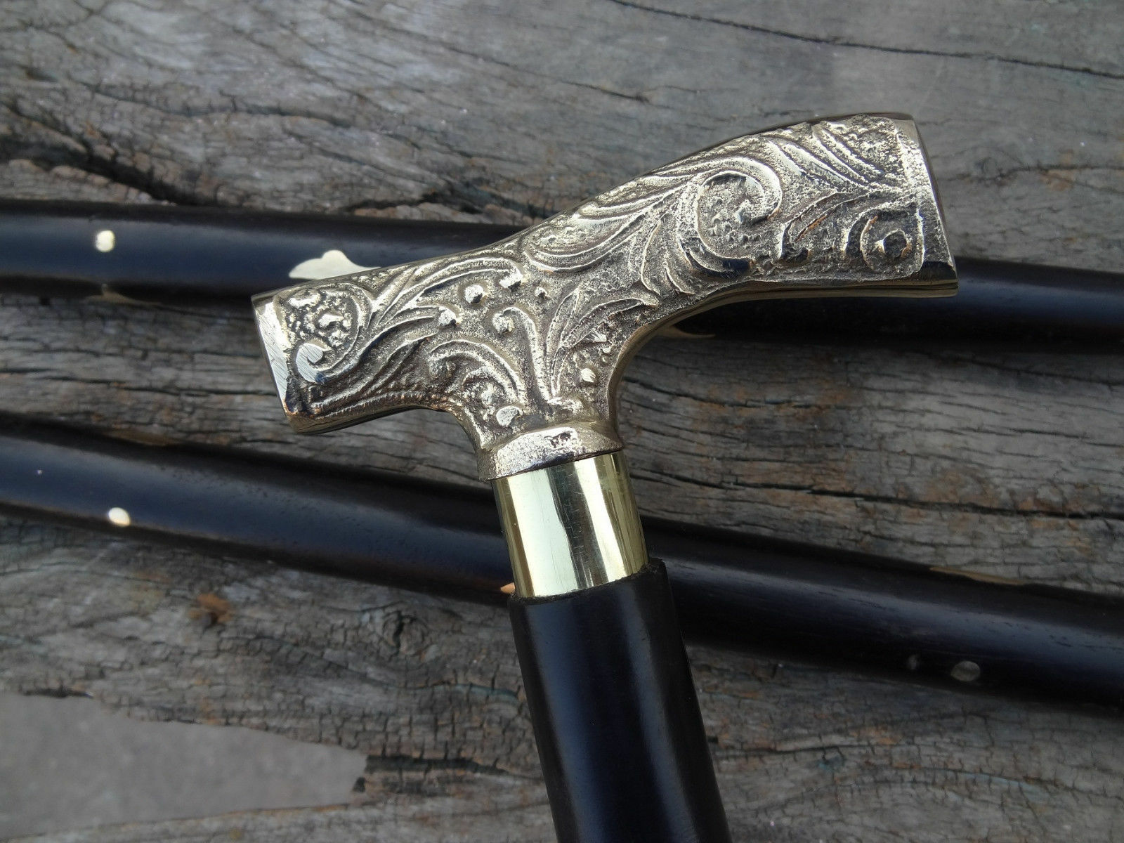 Designer Brass Handle Wooden Walking Stick Three Fold Brass Design Wooden Stick