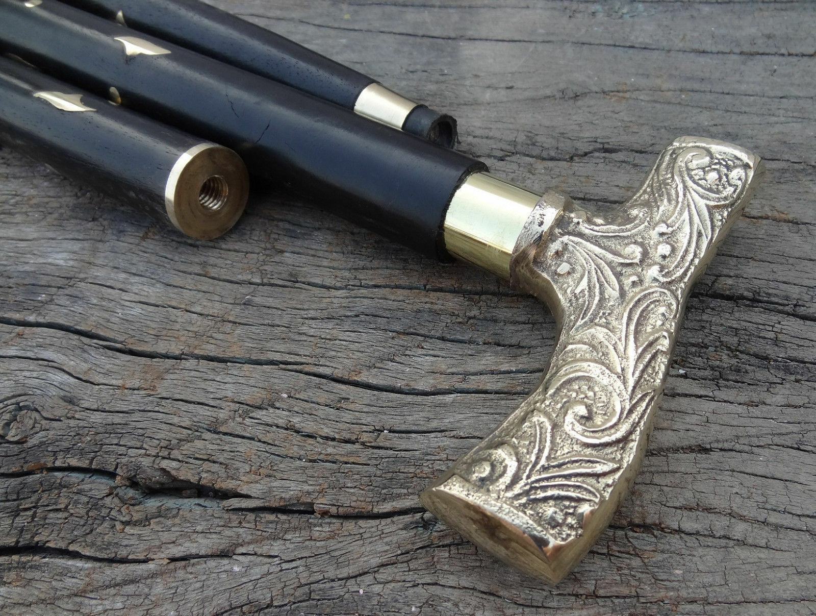 Designer Brass Handle Wooden Walking Stick Three Fold Brass Design Wooden Stick