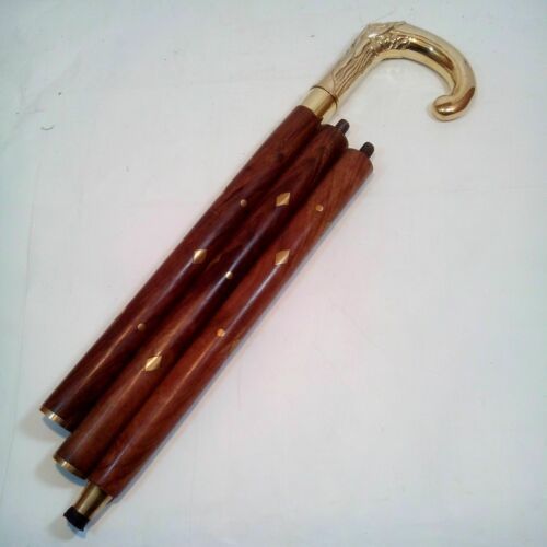 Brass Designer Handle Walking Stick With Wooden Shaft Three Fold Walking Cane For Old Age Person Black Wooden
