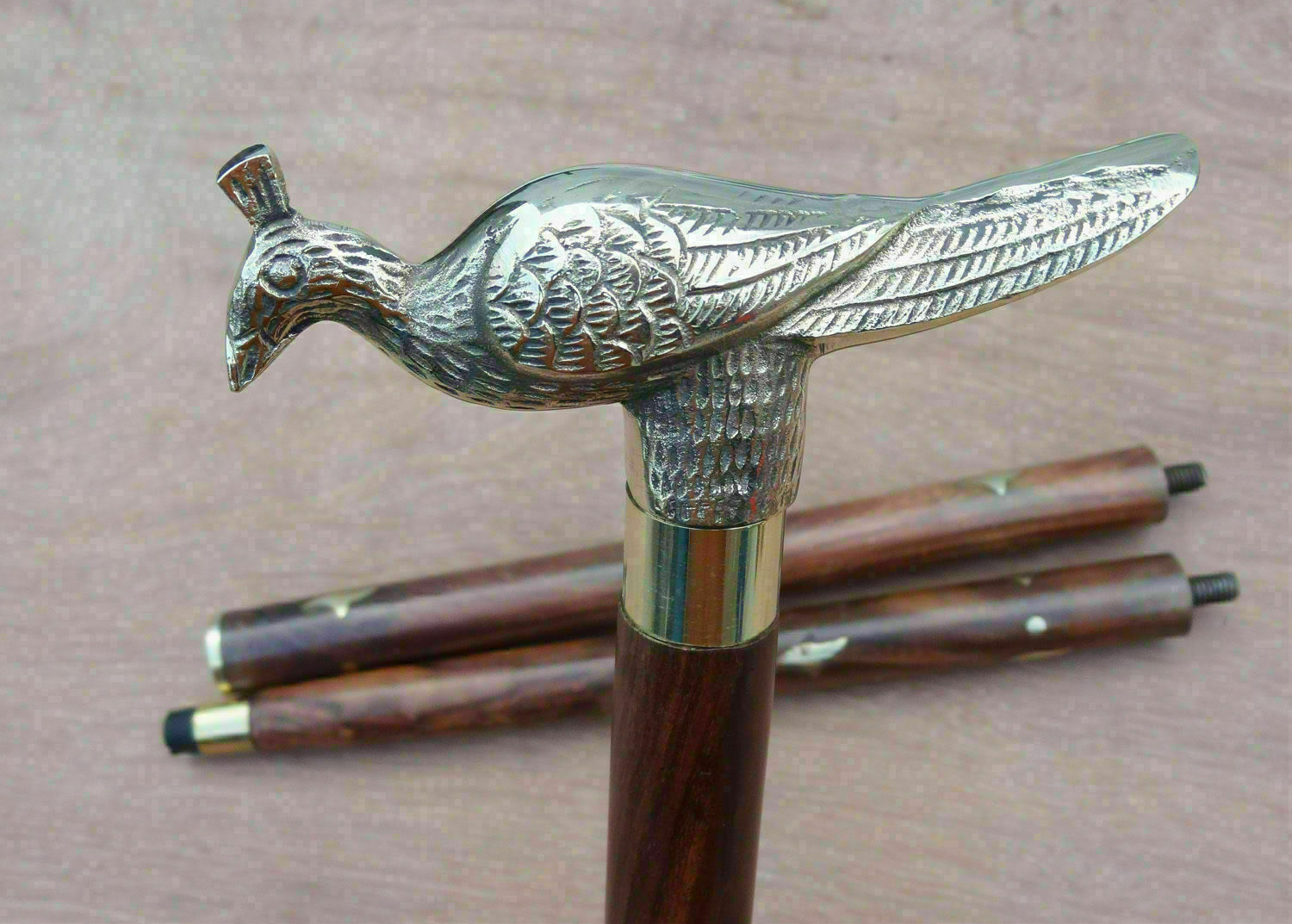 Brass Peacock Head Shiny Wooden Walking Stick, Designer Wooden Walking Stick