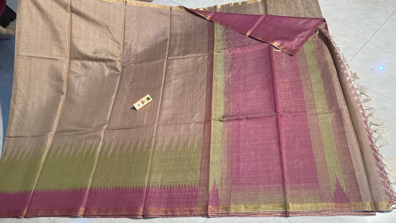 Pure Tussar Spun Silk Temple Border Saree - Silk Material, Plain Pattern, Contrast Blouse | Ideal For Party Wear In All Seasons