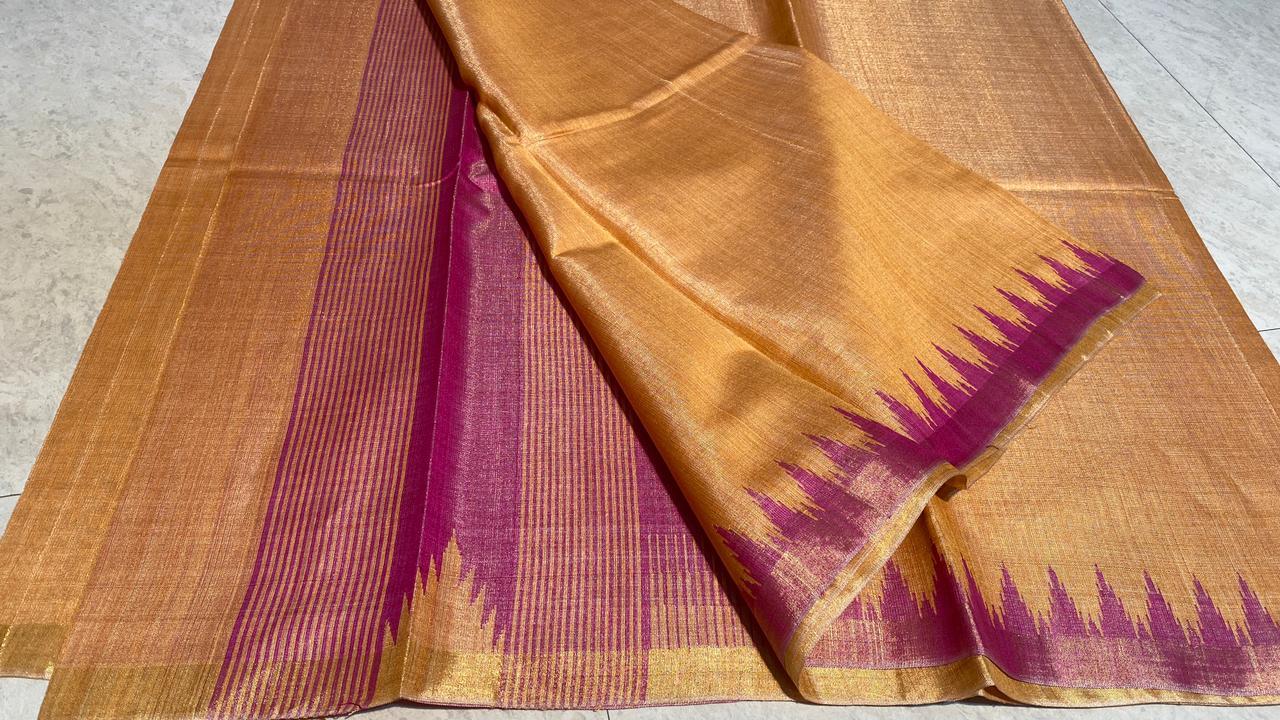 Pure Tussar Spun Silk Temple Border Saree - Silk Material, Plain Pattern, Contrast Blouse | Ideal For Party Wear In All Seasons
