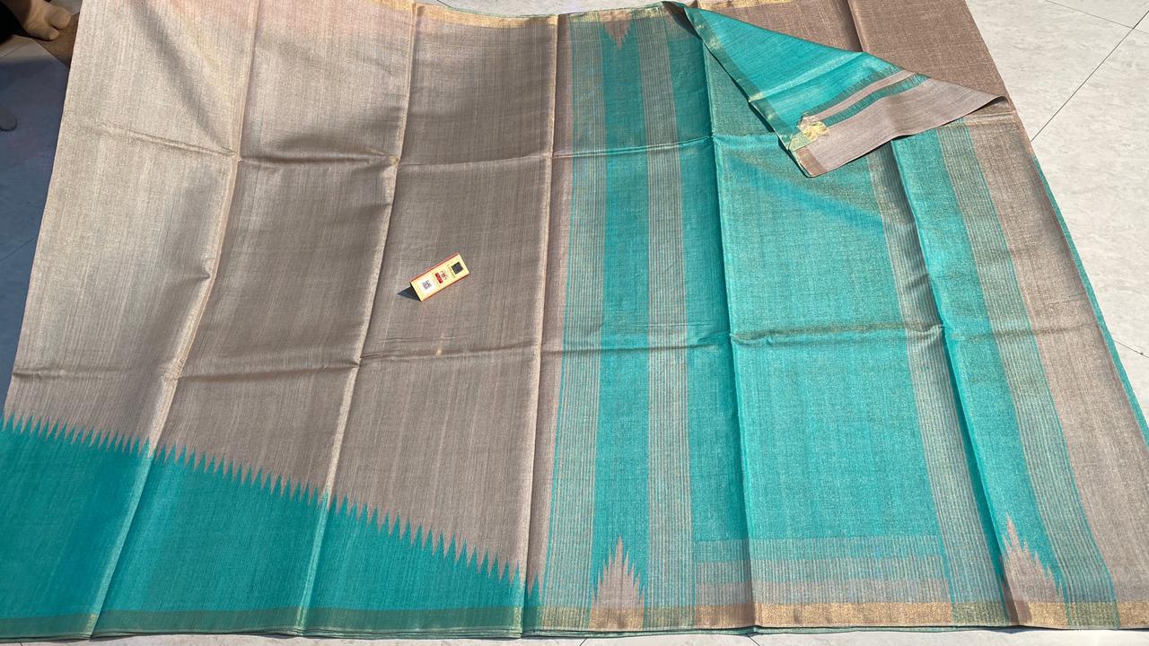 Pure Tussar Spun Silk Temple Border Saree - Silk Material, Plain Pattern, Contrast Blouse | Ideal For Party Wear In All Seasons