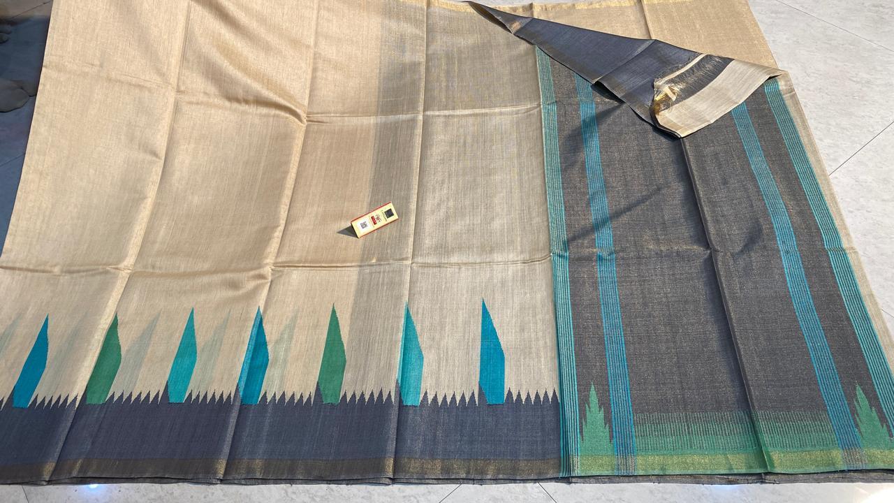 Pure Tussar Spun Silk Temple Border Saree - Silk Material, Plain Pattern, Contrast Blouse | Ideal For Party Wear In All Seasons