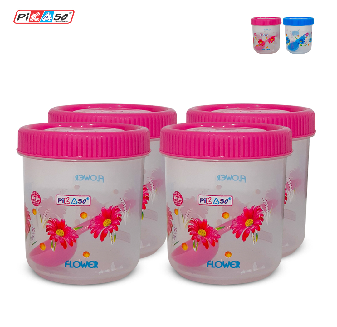 Classic Container 350 (4 Pc Set) - Polypropylene, 80x80x100 Mm, Blue & Pink | Air Tight, Eco-friendly, Lightweight, Round Kitchen Storage Boxes