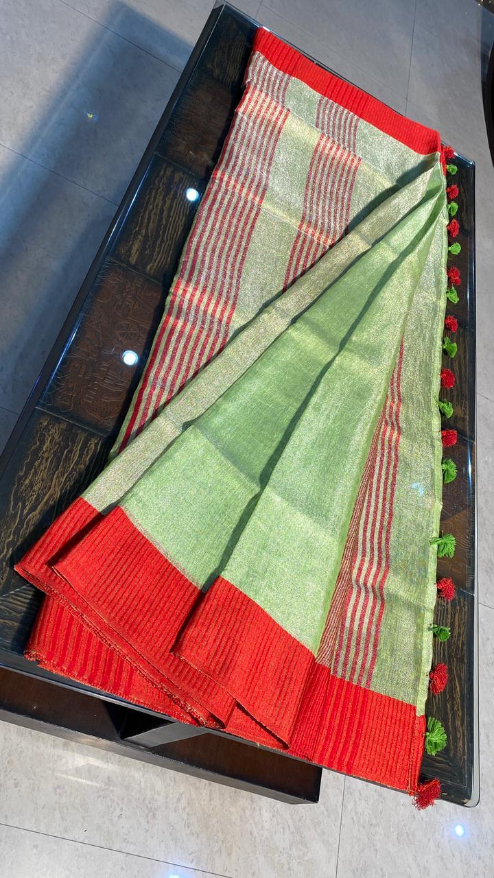 Pure Tissue Linen Saree - Fabric: Silk, Pattern: Plain, Style: Other | Occasion: Party Wear, Season: All Year Round