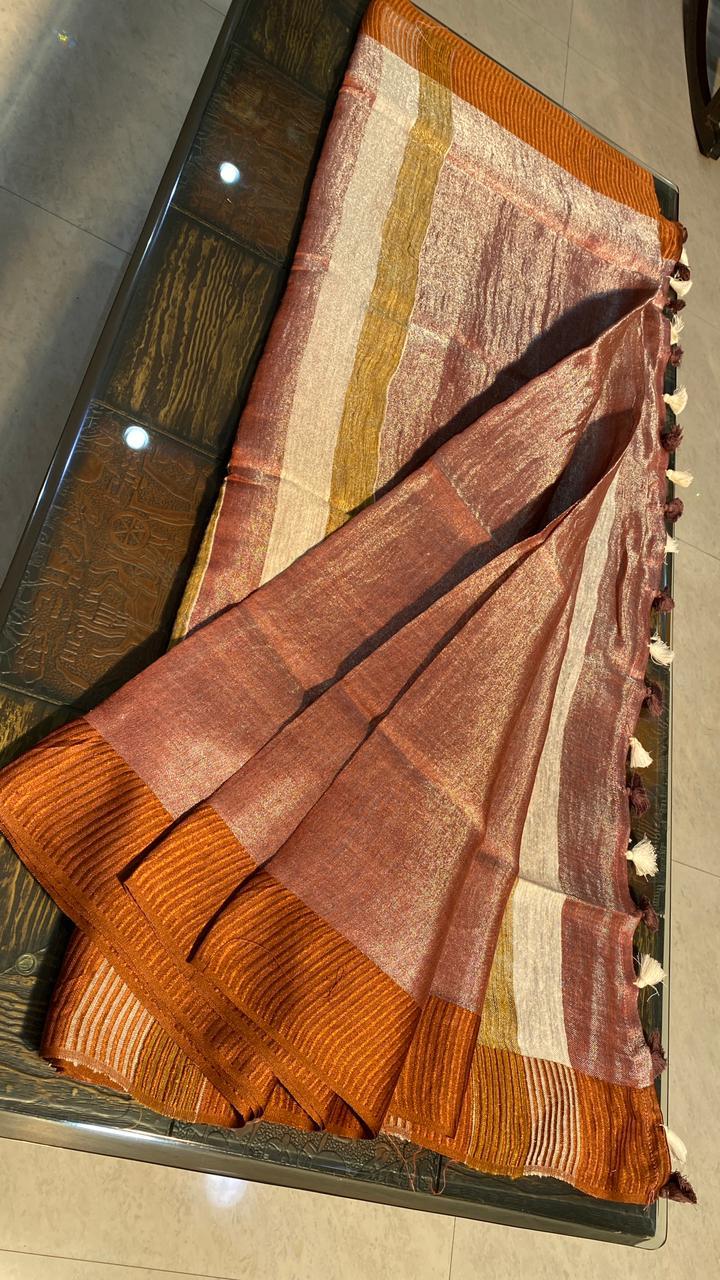 Pure Tissue Linen Saree - Fabric: Silk, Pattern: Plain, Style: Other | Occasion: Party Wear, Season: All Year Round