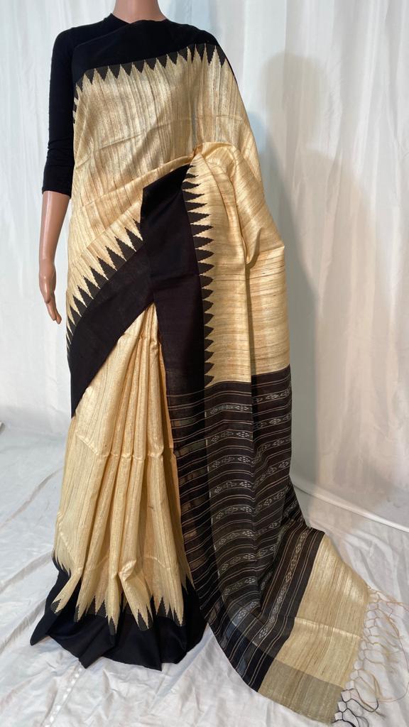 Pure Gheecha Tussar Silk Temple Border Saree - Ikkat Woven Pallu, Running Contrast Blouse | Party Wear, All Season Style