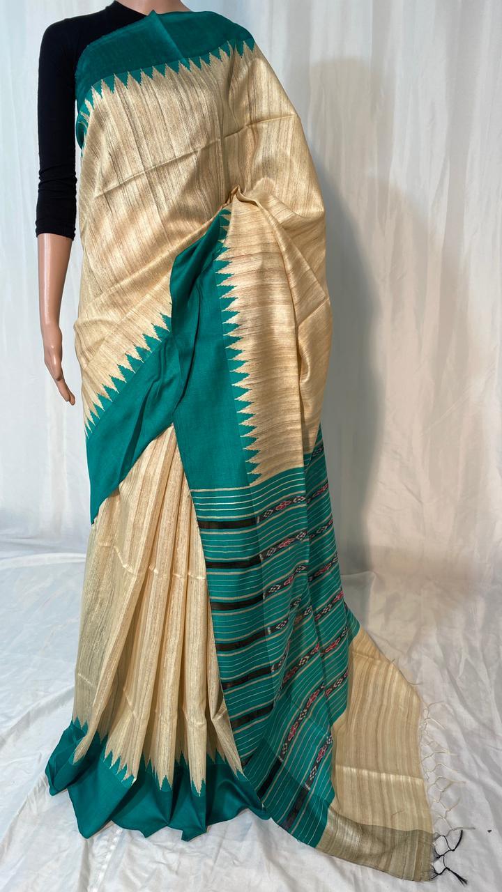 Pure Gheecha Tussar Silk Temple Border Saree - Ikkat Woven Pallu, Running Contrast Blouse | Party Wear, All Season Style