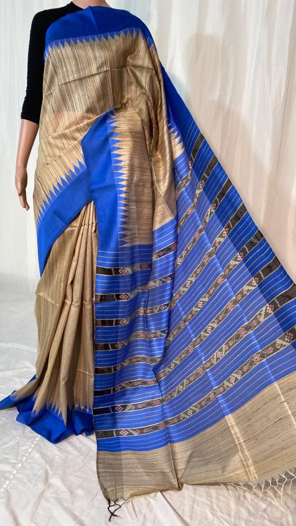Pure Gheecha Tussar Silk Temple Border Saree - Ikkat Woven Pallu, Running Contrast Blouse | Party Wear, All Season Style