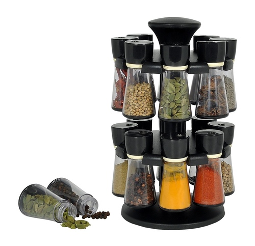 Spice Rack 16 Pcs - ABS Plastic & Polycarbonate , Multi-Color Jars with Steel Caps, 16 Spacious Containers in Rotatable Dual-Shelf Design