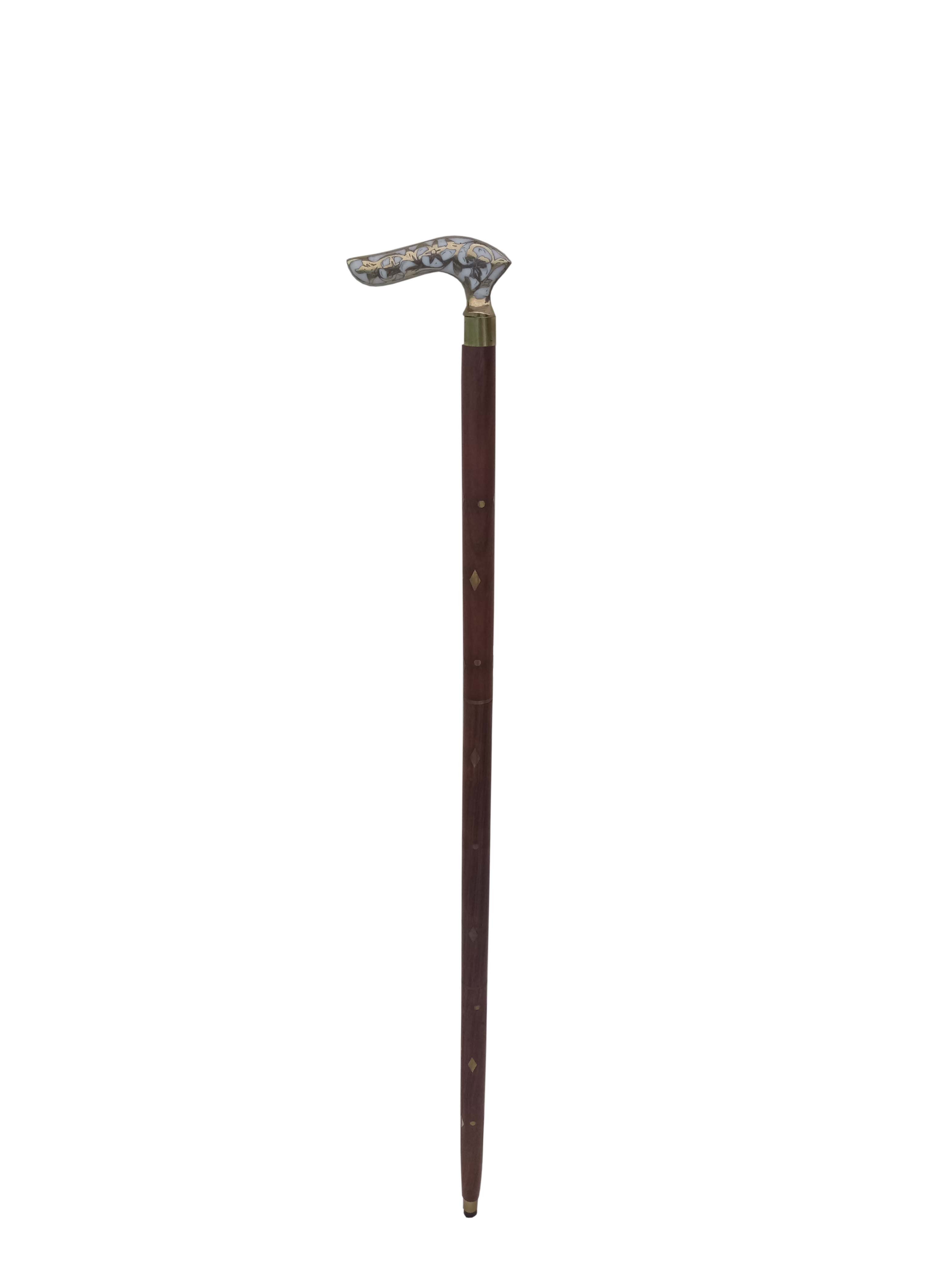 Brass Leaf With White Back Handle Wooden Walking Stick
