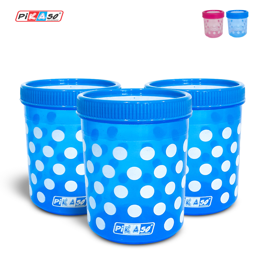 Polka 1000 Container (3 Pc Set) - Polypropylene | 125x125x110 Mm, Pink & Blue, Round Shape, Leak-proof Tabs, Airtight Design, Healthy & Non-toxic