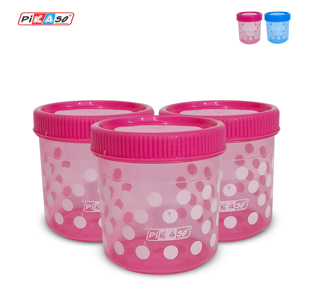 Polka 1000 Container (3 Pc Set) - Polypropylene | 125x125x110 Mm, Pink & Blue, Round Shape, Leak-proof Tabs, Airtight Design, Healthy & Non-toxic