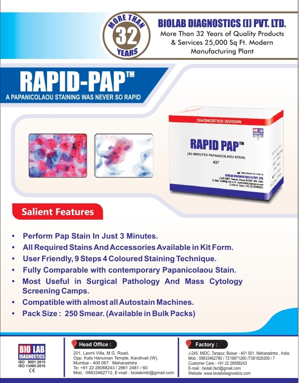 Rapid Pap Stain Kit For Cancer Detection - Result In Only 03 Minutes Shelf Life: 36 Months