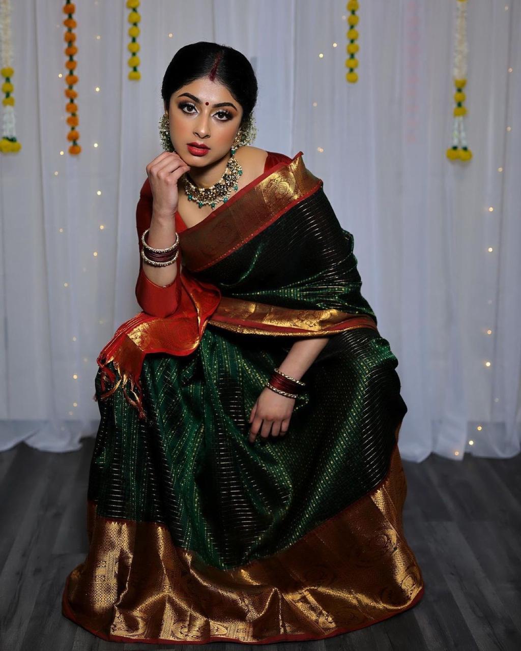 Organic Banarasi Saree - Lichi Silk, 5.5 Meter Length | Dark Green With Red Blouse, Enchanting & Breathable For All Seasons, Perfect For Weddings