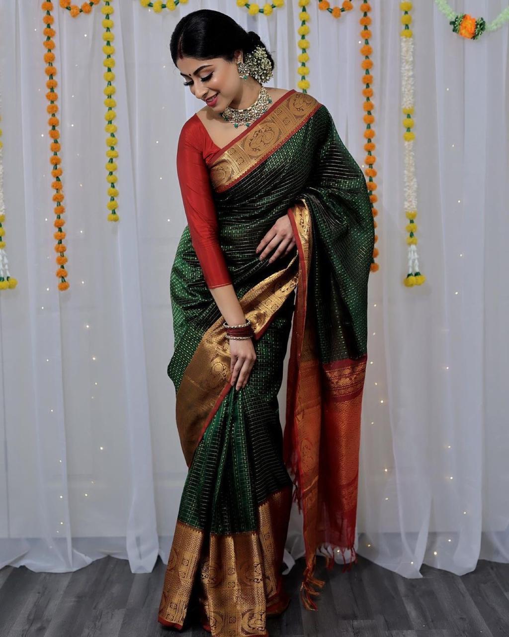 Organic Banarasi Saree - Lichi Silk, 5.5 Meter Length | Dark Green With Red Blouse, Enchanting & Breathable For All Seasons, Perfect For Weddings