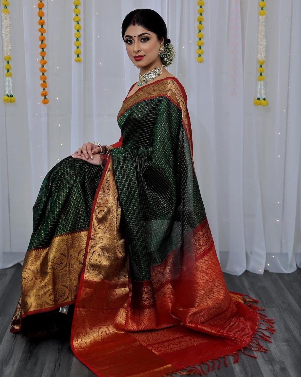 Organic Banarasi Saree - Lichi Silk, 5.5 Meter Length | Dark Green With Red Blouse, Enchanting & Breathable For All Seasons, Perfect For Weddings