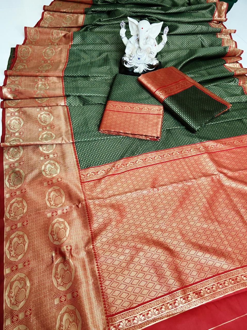 Organic Banarasi Saree - Lichi Silk, 5.5 Meter Length | Dark Green With Red Blouse, Enchanting & Breathable For All Seasons, Perfect For Weddings