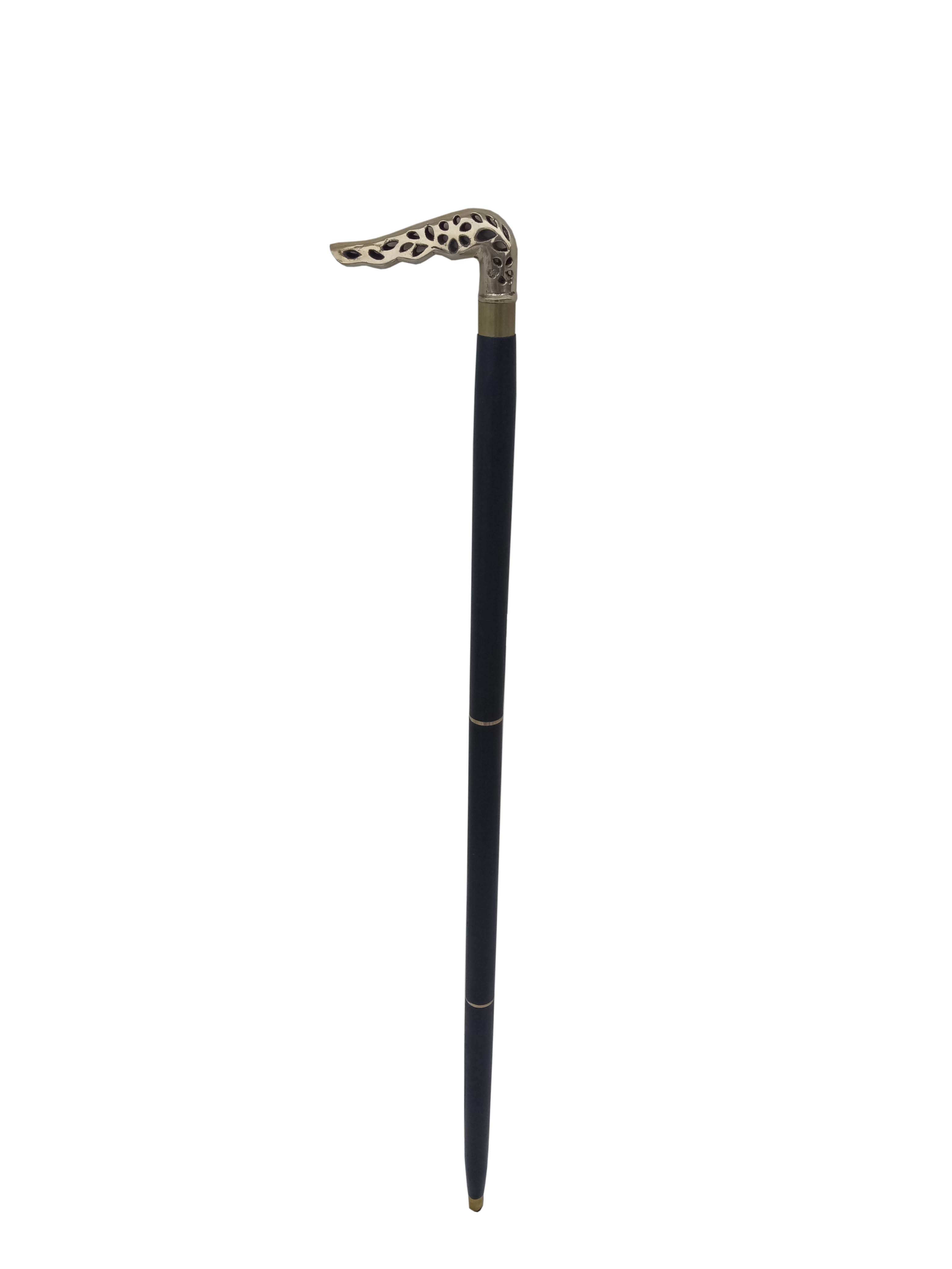Black Leaf Design Brass Handle Wooden Walking Stick