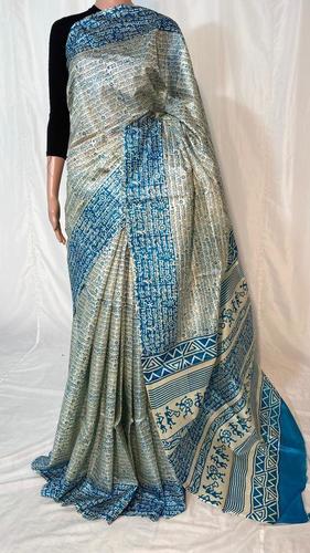 Pure Tussar Silk Hand Block Printed Saree - Handcrafted Elegance, Ideal for Party Wear | Featuring a Pure Silk Composition, Includes Blouse