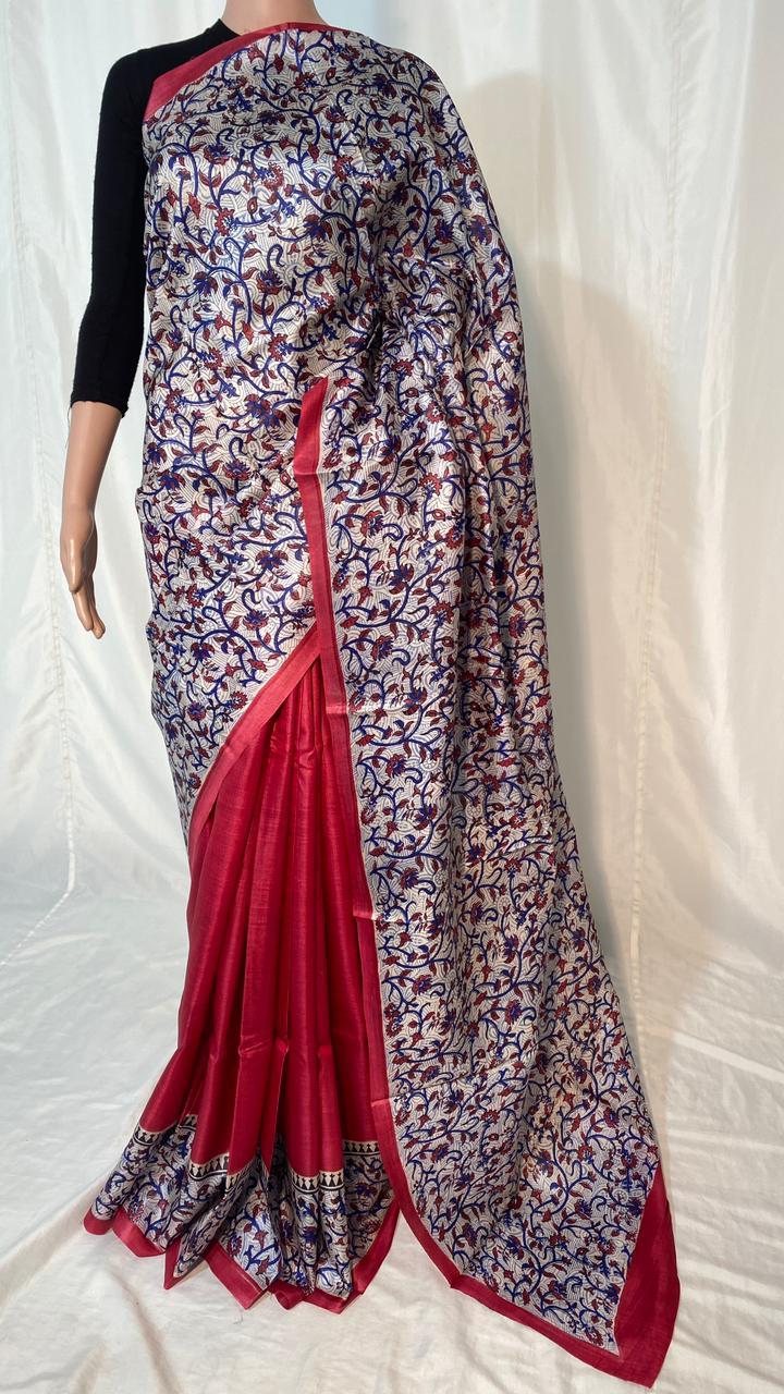Pure Tussar Silk Hand Block Printed Saree - Handcrafted Elegance, Ideal For Party Wear | Featuring A Pure Silk Composition, Includes Blouse