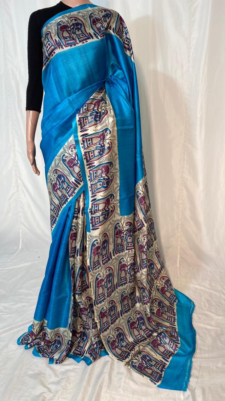 Pure Tussar Silk Hand Block Printed Saree - Handcrafted Elegance, Ideal For Party Wear | Featuring A Pure Silk Composition, Includes Blouse